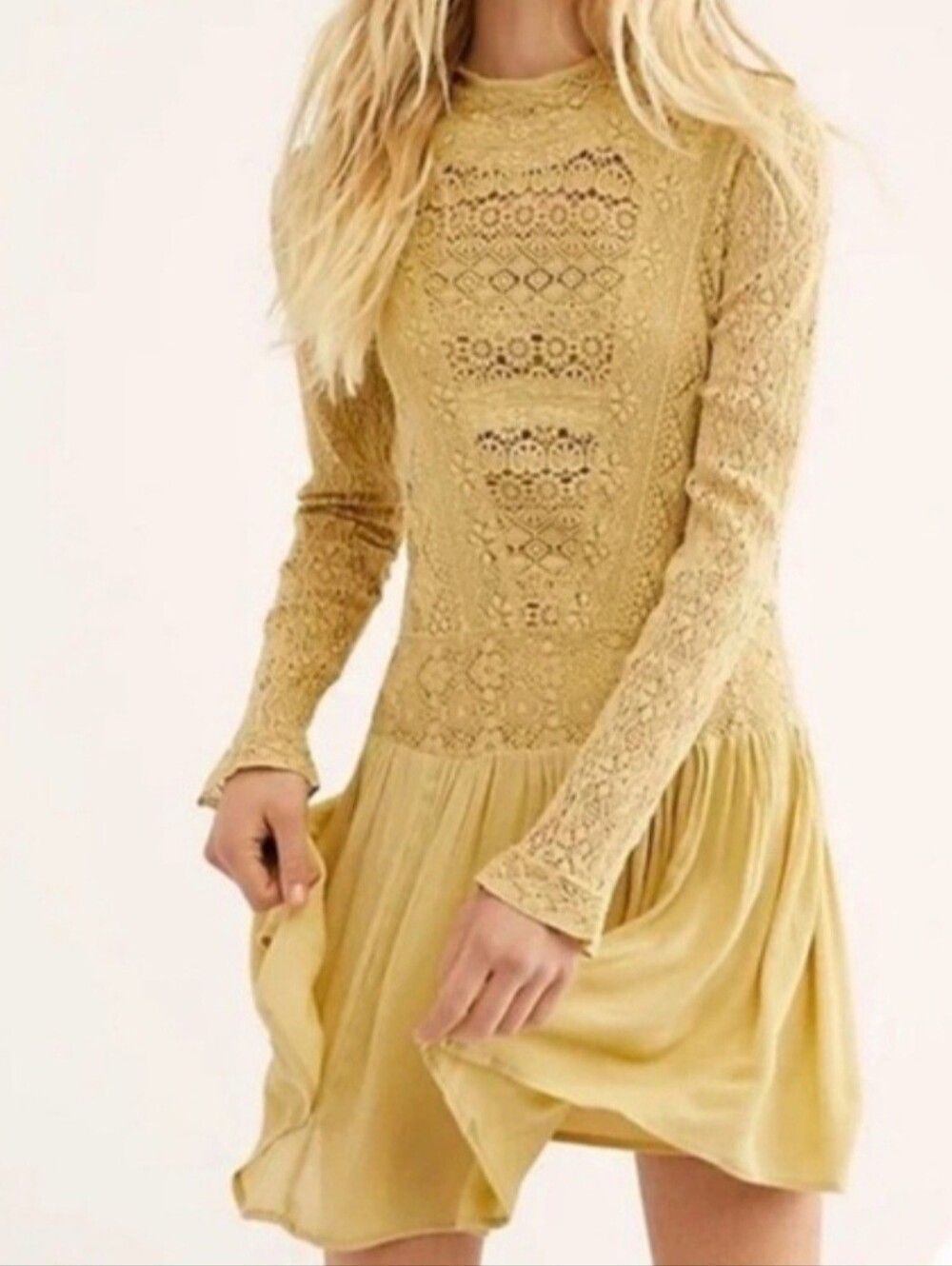 Free People Dress Crochet Chartreuse Lace Long Sleeve Open Back Sz L Cottagecore
